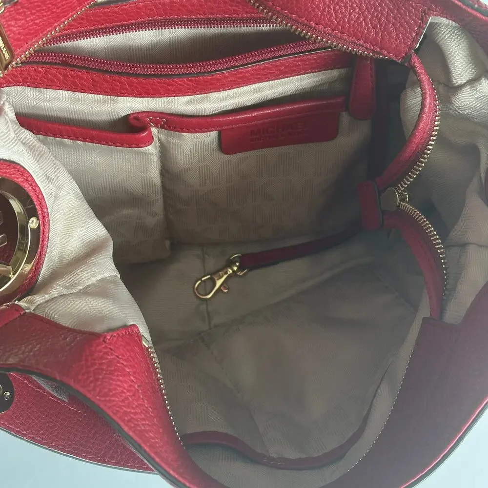 Michael Kors Fulton Hobo Dark Red Pebbled Leather Bag Gold Logo Slouchy Purse